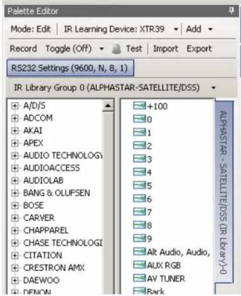 Palette Editor Mode: Edit | IR Learning Device: XTR39 Record Toggle (Off) Test Import Export RS232 Settings (9600, N, 8, 1) IR Library Group 0 (ALPHASTAR-SATELLITE/DSS) A/D/S ADCOM AKAI APEX AUDIO TECHNOLOGY AUDIOACCESS AUDIOLAB BANG & OLUFSEN BOSE CARVER CHAPPAREL CHASE TECHNOLOGI CITATION CRESTRON AMX DAEWOO DEFON +100 0 1 2 3 4 5 6 7 8 9 Alt Audio, Audio, AUX RGB AV TUNER Bark