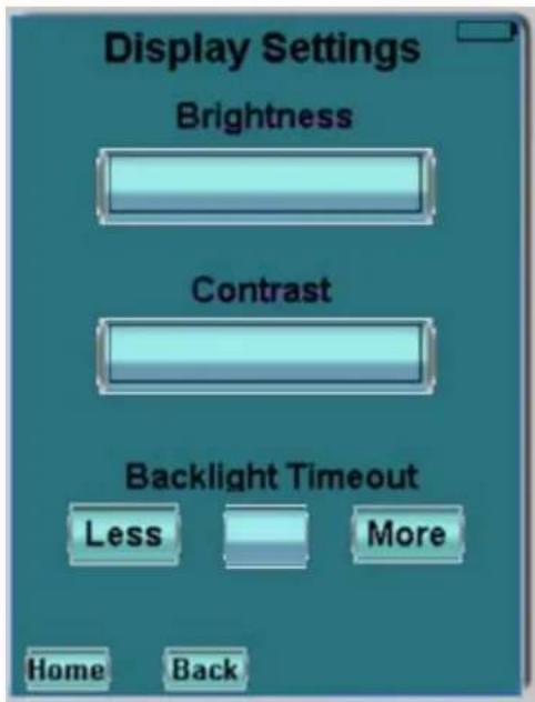 Display Settings Brightness Contrast Backlight Timeout Less More Home Back