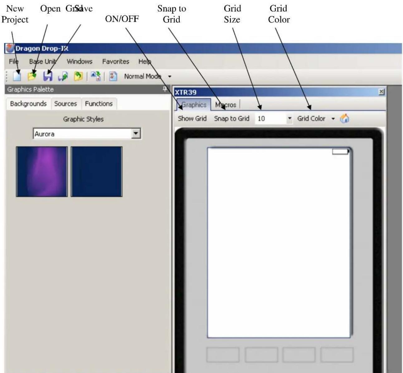 New Project Open Grave ON/OFF Snap to Grid Grid Size Grid Color Dragon Drop-1X39 File Base Unit Windows Favorites Help Normal Mode Graphics Palette Backgrounds Sources Functions XTR39 Graphics Macros Show Grid Snap to Grid 10 Grid Color Graphic Styles Aurora