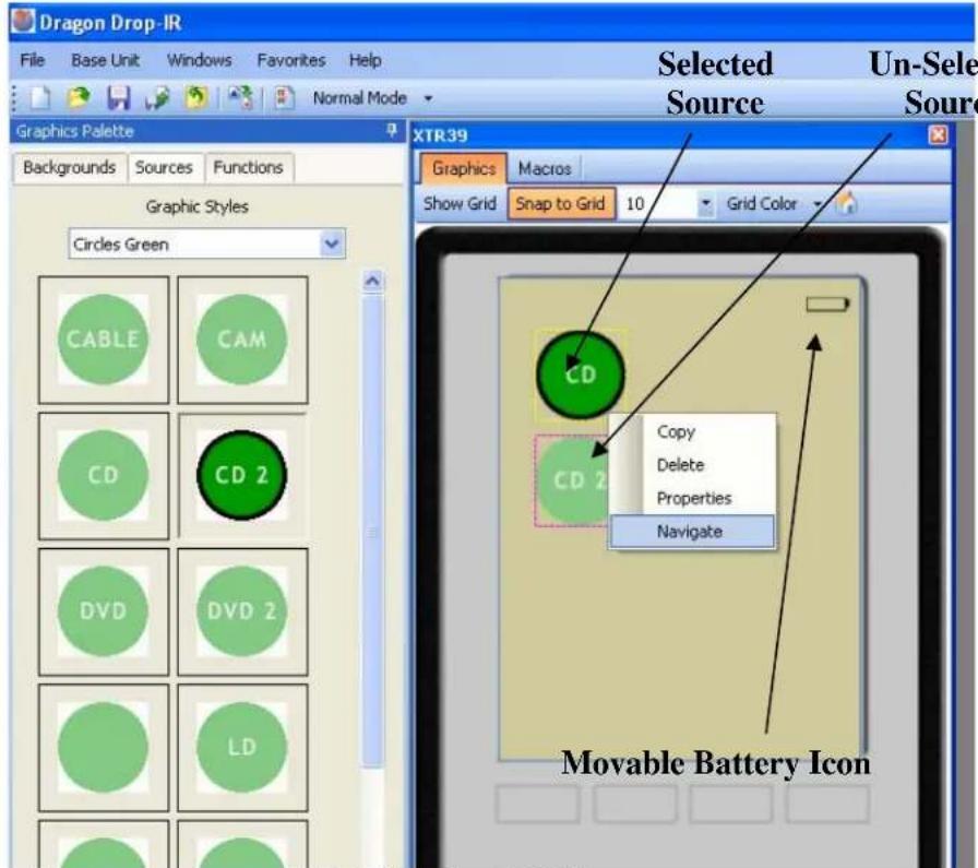 Dragon Drop-IR File Base Unit Windows Favorites Help Normal Mode Selected Source Un-Sele Source Graphics Palette Backgrounds Sources Functions Graphic Styles Circles Green XTR39 Graphics Macros Show Grid Snap to Grid 10 Grid Color CD Copy Delete Properties Navigate CD 2 DVD 2 DVD LD Movable Battery Icon