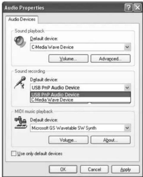 Audio Properties Audio Devices Sound playback Default device: C-Media Wave Device Volume... Advanced... Sound recording Default device: USB PnP Audio Device USB PnP Audio Device C-Media Wave Device MIDI music playback Default device: Microsoft GS Wavetable SW Synth Volume... About... Use only default devices OK Cancel Apply