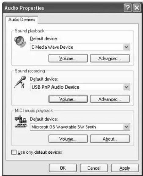 Audio Properties Audio Devices Sound playback Default device: C-Media Wave Device Volume... Advanced... Sound recording Default device: USB PnP Audio Device Volume... Advanced... MIDI music playback Default device: Microsoft GS Wavetable SW Synth Volume... About... Use only default devices OK Cancel Apply