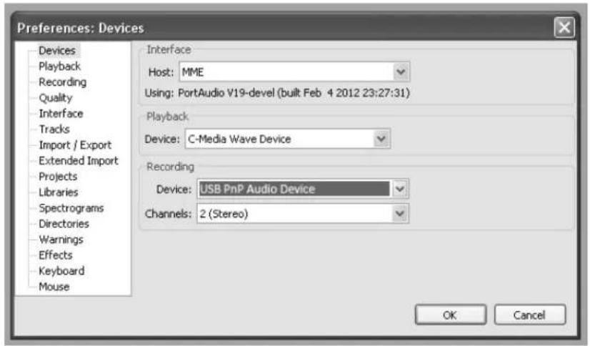 Preferences: Devices Devices Playback recording quality interface tracks import / Export extended Import projects libraries spectrograms directories warnings effects keyboard mouse Interface Host: MME Using: PortAudio V19-devel (built Feb 4 2012 23:27:31) Playback Device: C-Media Wave Device Recording Device: USB PnP Audio Device Channels: 2 (Stereo) OK Cancel