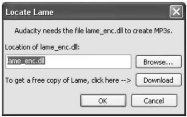 Locate Lame Audacity needs the file lame_enc.dll to create MP3s. Location of lame_enc.dll: lame_enc.dll Browse... To get a free copy of Lame, click here --> Download OK Cancel