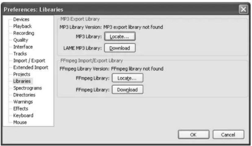 Preferences: Libraries Devices Playback Recording Quality Interface Tracks Import / Export Extended Import Projects Libraries Spectrograms Directories Warnings Effects Keyboard Mouse MP3 Export Library MP3 Library Version: MP3 export library not found MP3 Library: Locate... LAME MP3 Library: Download FFmpeg Import/Export Library FFmpeg Library Version: FFmpeg library not found FFmpeg Library: Locate... FFmpeg Library: Download OK Cancel