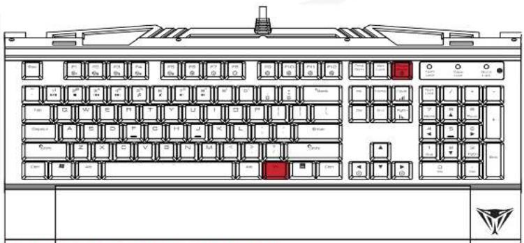 Technical diagram of a computer keyboard layout with labeled keys and function buttons