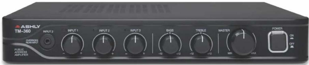 ASHLY TM-360 INPUT 2 INPUT 1 INPUT 2 INPUT 3 BASS TREBLE MASTER POWER ON OFF OUTRIGUES REAR INPUT PUBLIC ADDRESS AMPLIFIER - + - + - + +12 +12 +12 +12 MIN MAX