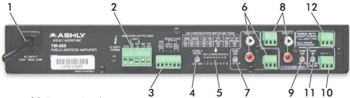 1 ASHLY ASHLY AUDIO INC TM-360 PUBLIC ADDRESS AMPLIFIER AC INPUT: 120V: 80Hz, 24W MADE IN HOURS 2 AMPLIFIER OUTPUT 6W CLASIS 2 WIRING ZONE 2 OUT OUT 1 LOWZ BAL 8000 TW 85 8000 ZONE 2 LEVEL MAX CONFIGURATION OUT MAX 1 2 3 4 5 6 7 8 ZONE 2 SWITCH SETTING Pilot 3 Pilot 2 Pilot 1 Pilot 9 Pilot 10 Pilot 11 Pilot 12 MAXIMUM RESET COCONIC COLDERS (1.0) INPUT 1 TING GAIN GAIN GAIN GAIN GAIN GAIN GAIN GAIN