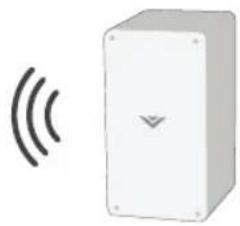 Simple diagram of a rectangular device with a triangular symbol and sound waves, no text or labels present.