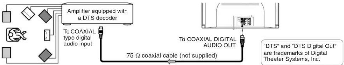 graph TD A["Amplifier equipped with a DTS decoder"] --> B["To COAXIAL type digital audio input"] B --> C["75 Ω coaxial cable (not supplied)"] C --> D["To COAXIAL DIGITAL AUDIO OUT"] D --> E[""DTS" and "DTS Digital Out" are trademarks of Digital Theater Systems, Inc."]