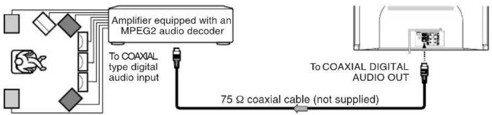 graph TD A["Amplifier equipped with an MPEG2 audio decoder"] -->|To COAXIAL type digital audio input| B["Coaxial cable (not supplied)"] B --> C["To COAXIAL DIGITAL AUDIO OUT"] style A fill:#f9f,stroke:#333 style C fill:#ccf,stroke:#333