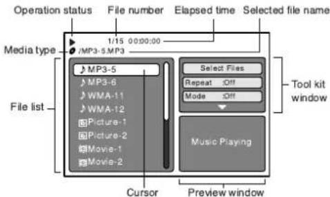 Operation status File number Elapsed time Selected file name Media type 1/15 00:00:00 MP3-5-MP3 MP3-5 MP3-6 WMA-11 WMA-12 Picture-1 Picture-2 Movie-1 Movie-2 File list Cursor Preview window Select Files Repeat Off Mode Off Music Playing Tool kit window