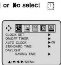 or No select CLOCK SET ON/OFF TIMER AUTO CLOCK STANDARD TIME DAYLIGHT SAVING TIME ▲/▼/►/MENU