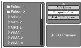 Folder-1 Folder-2 MP3-1 MP3-2 MP3-3 WMA-1 WMA-2 WMA-3 Edit Mode Program View Add To Program JPEG Preview