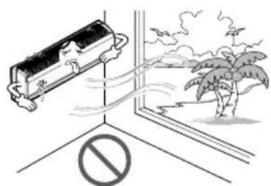 Safety warning illustration showing a device spraying water near a window with palm trees and birds in the background.