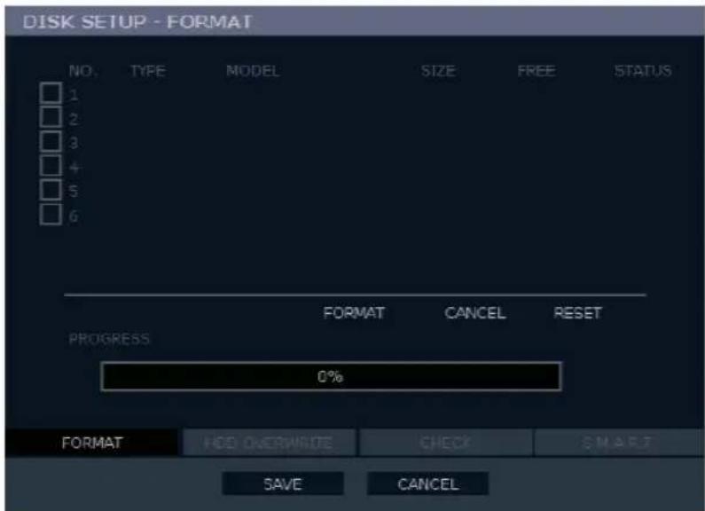 DISK SETUP - FORMAT NO. TYPE MODEL SIZE FREE STATUS 1 2 3 4 5 6 FORMAT CANCEL RESET PROGRESS 0% FORMAT HOD OVERWRITE CHECK SMART SAVE CANCEL