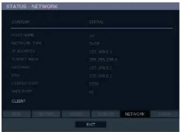 STATUS - NETWORK CONTENT STATUS HOST NAME 0M NETWORK TYPE DHCP IP ADDRESS 192.168.0.1 SUBNET MASK 355.255.255.0 GATEWAY 192.168.0.1 DNS 192.168.0.1 CENTER PORT 2000 WEB PORT 50 CLIENT DEEP RECEE CUSIO SERVICE NETWORK EVEN EXIT