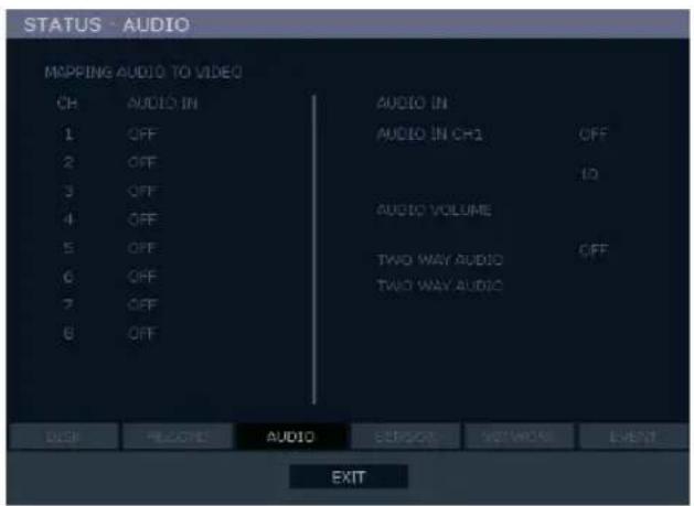 STATUS - AUDIO MAPPING AUDIO TO VIDEO CH AUDIO IN AUDIO IN 1 OFF AUDIO IN CH1 OFF 2 OFF 10 3 OFF 4 OFF AUDIO VOLUME 5 OFF TWO WAY AUDIO OFF 6 OFF TWO WAY AUDIO 7 OFF 8 OFF DISH HOLDOUT AUDIO SERIOR NOTWOOL EVENT EXIT