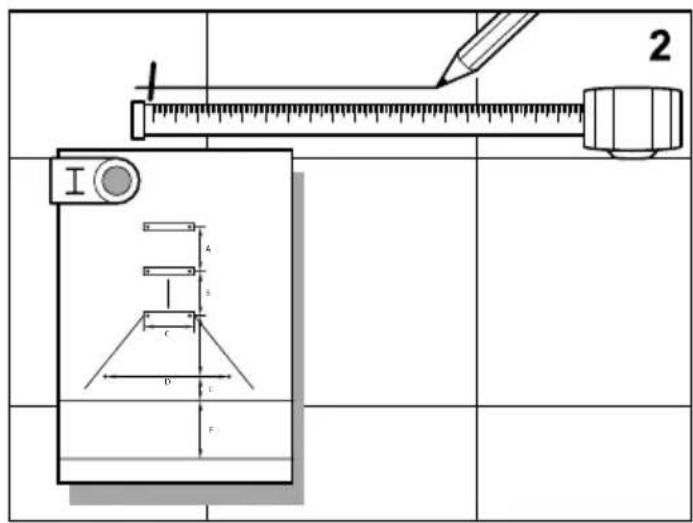 Technical diagram showing a measuring instrument with labeled parts and a pencil, alongside a ruler for scale.