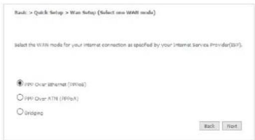 Rash: > Quick Setup > WAN Setup (Select one WAN mode) select the WAN mode for your Internet connection as specified by your Internet Service Provider(ISF). ● PPP Over Ethernet (IPPoA) ○ PPP Over ATN (IPPoA) ○ Bridging Back Next