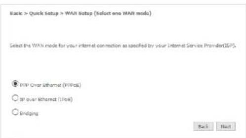 Basic > Quick Setup > WAN Setup (Select one WAN mode) Select the WAN mode for your internet connection as specified by your Internet Service Provider(IS/P). © PWP Over Ethernet (PIP/OS) ○ IP over Ethernet (IPOS) ○ Bridging Back Next