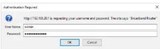 Authentication Required http://192.168.20.1 is requesting your username and password. The site says: "Broadband Router" User Name: admin Password: ************ OK Cancel