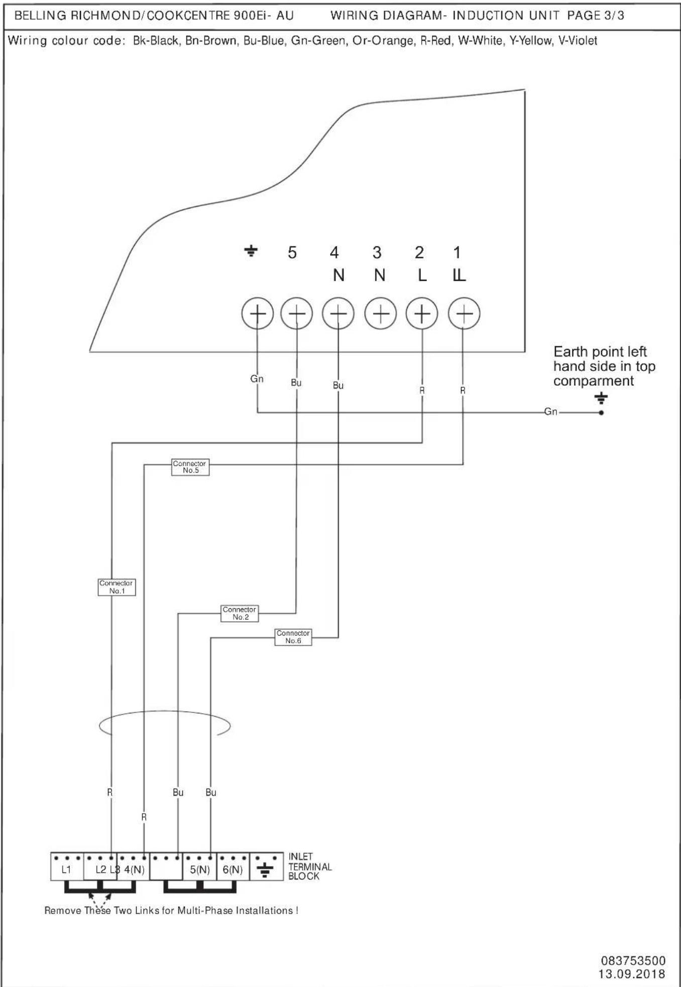 BELLING RICHMOND/COOKCENTRE 900Ei- AU WIRING DIAGRAM- INDUCTION UNIT PAGE 3/3 Wiring colour code: Bk-Black, Bn-Brown, Bu-Blue, Gn-Green, Or-Orange, R-Red, W-White, Y-Yellow, V-Violet + 5 4 3 2 1 N N L L Gn Bu Bu R R Earth point left hand side in top comparment Gn Connector No.5 Connector No.1 Connector No.2 Connector No.6 R Bu Bu L1 L2 L3 4(N) 5(N) 6(N) INLET TERMINAL BLOCK Remove These Two Links for Multi-Phase Installations! 083753500 13.09.2018