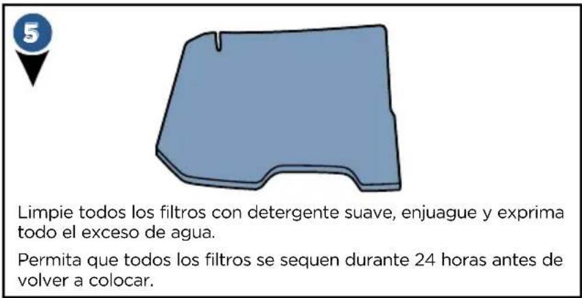 5 Limpie todos los filtros con detergente suave, enjuague y exprima todo el exceso de agua. Permita que todos los filtros se sequen durante 24 horas antes de volver a colocar.