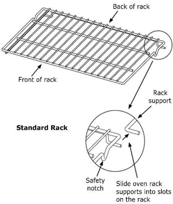 Back of rack Front of rack Rack support Standard Rack Safety notch Slide oven rack supports into slots on the rack
