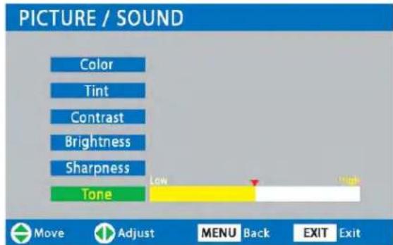 PICTURE / SOUND Color Tint Contrast Brightness Sharpness Tone Low High Move Adjust MENU Back EXIT Exit