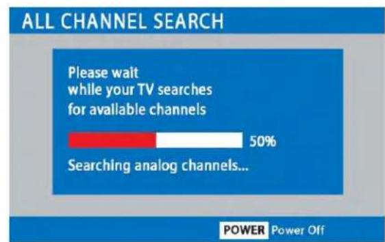ALL CHANNEL SEARCH Please wait while your TV searches for available channels 50% Searching analog channels... POWER Power Off