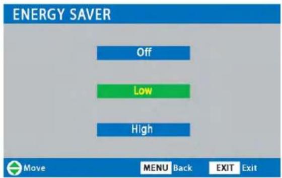 ENERGY SAVER Off Low High Move MENU Back EXIT Exit