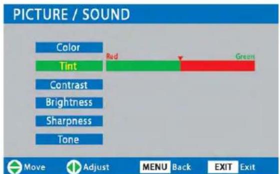 PICTURE / SOUND Color Tint Contrast Brightness Sharpness Tone Red Green Move Adjust MENU Back EXIT Exit