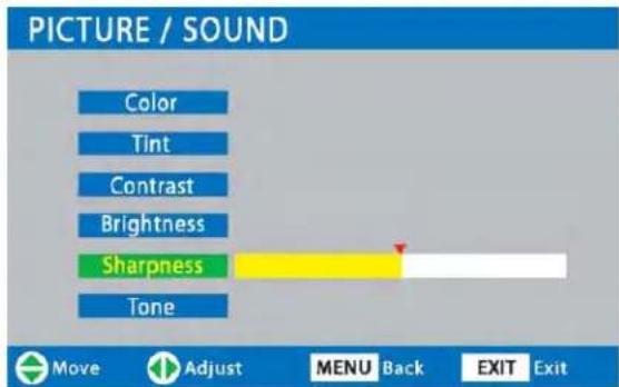 PICTURE / SOUND Color Tint Contrast Brightness Sharpness Tone Move Adjust MENU Back EXIT Exit