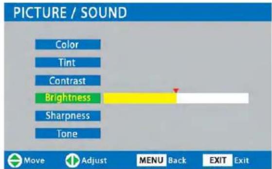 PICTURE / SOUND Color Tint Contrast Brightness Sharpness Tone Move Adjust MENU Back EXIT Exit