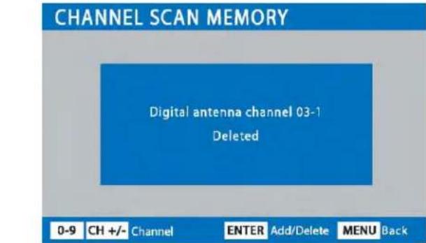 CHANNEL SCAN MEMORY Digital antenna channel 03-1 Deleted 0-9 CH +/- Channel ENTER Add/Delete MENU Back