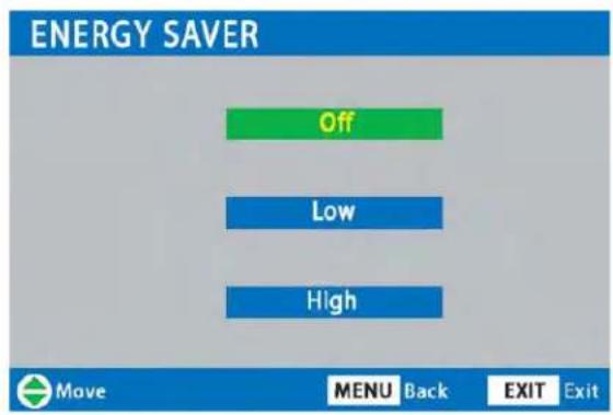ENERGY SAVER Off Low High Move MENU Back EXIT Exit
