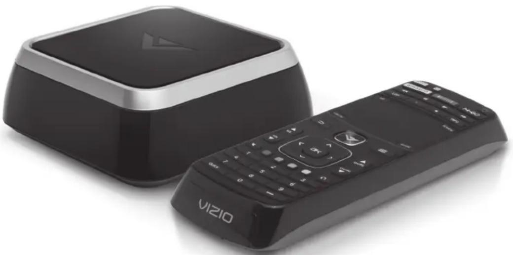 Black Vizio remote control with a square play button and a rectangular case (no text or symbols visible on the device itself)