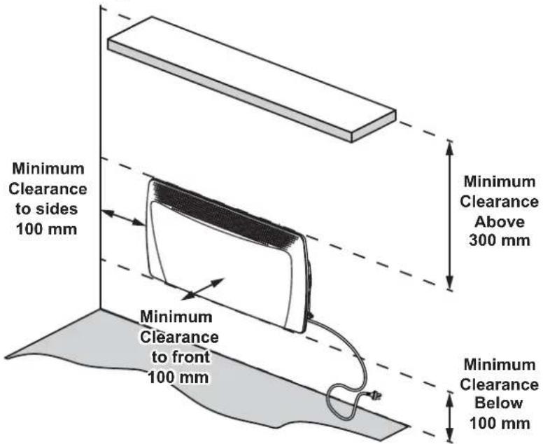 Minimum Clearance to sides 100 mm Minimum Clearance to front 100 mm Minimum Clearance Above 300 mm Minimum Clearance Below 100 mm