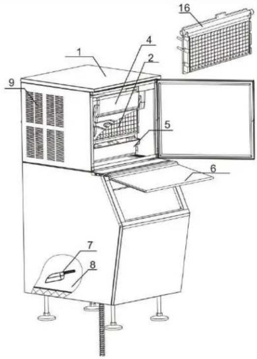 Technical diagram of an open industrial machine with numbered components and labeled parts