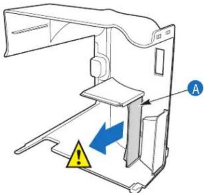 Technical diagram of a mechanical device with labeled components and warning symbol
