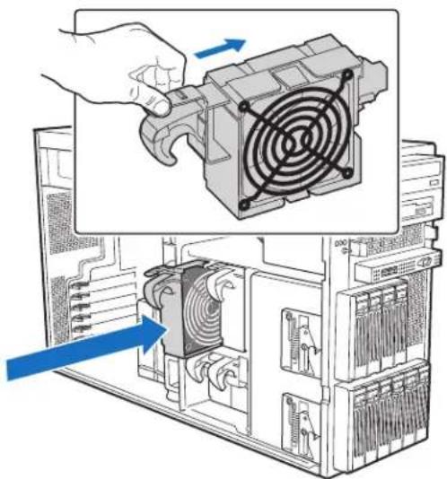 Diagram showing a hand operating a computer tower fan with blue arrows indicating the process, including internal components and directional arrows.