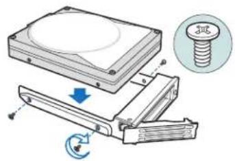 Diagram illustrating the assembly of a hard disk with a screw and mechanical component, showing a rotation arrow and magnified view.