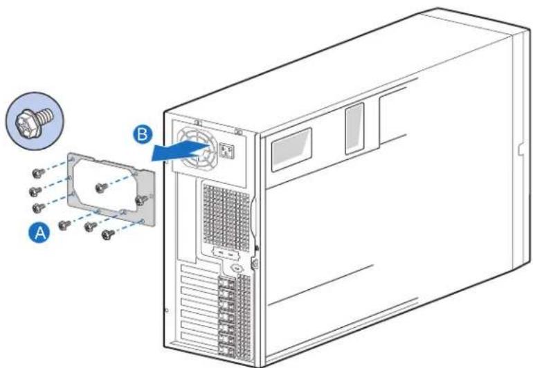 Technical diagram of a server rack with labeled components A and B, showing internal components and a magnified inset view.