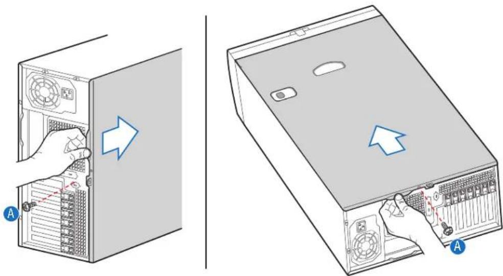 Diagram showing server rack installation with labeled ports and directional arrows indicating movement or change.