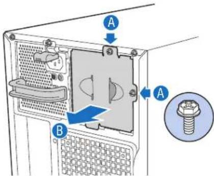 Diagram of a computer monitor rear panel with labeled components and directional arrows indicating assembly or movement.