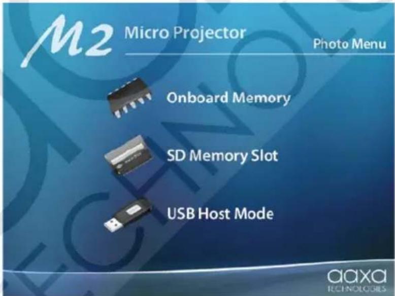 M2 Micro Projector Photo Menu Onboard Memory SD Memory Slot USB Host Mode aaxa TECHNOLOGIES