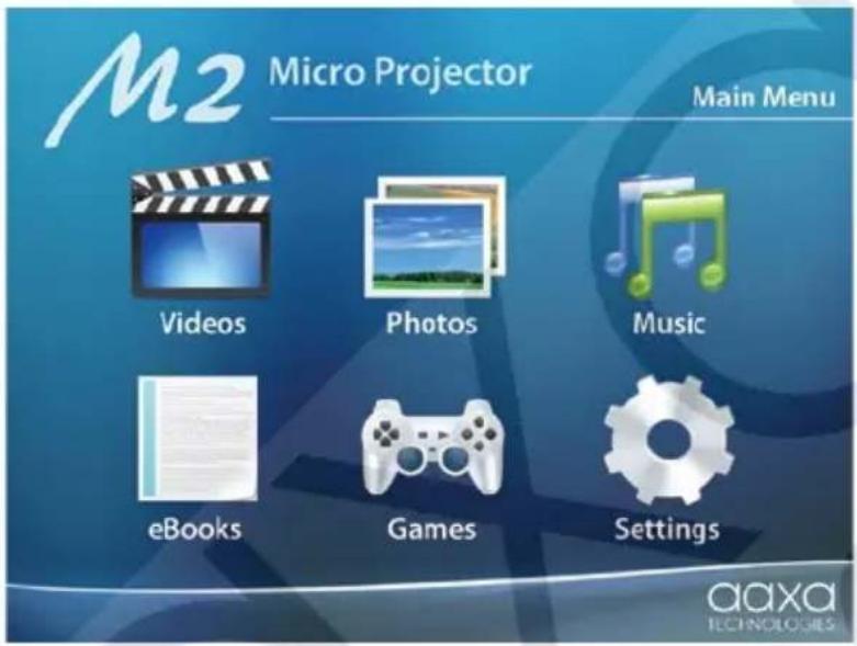 M2 Micro Projector Main Menu Videos Photos Music eBooks Games Settings aaxa TECHNOLOGIES