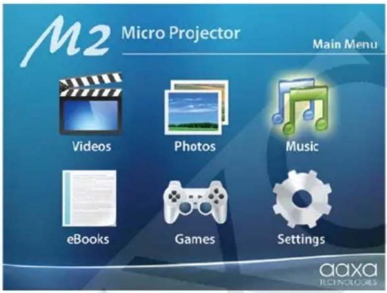 M2 Micro Projector Main Menu Videos Photos Music eBooks Games Settings aaxa TECHNOLOGIES