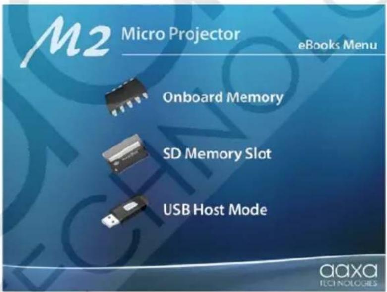 M2 Micro Projector eBooks Menu Onboard Memory SD Memory Slot USB Host Mode aaxa TECHNOLOGIES